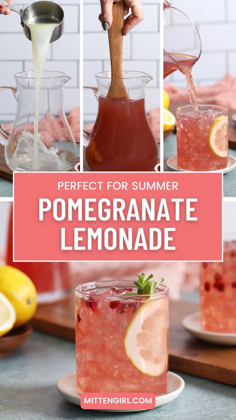 This easy, homemade pomegranate lemonade is a refreshing combination of tangy lemon and sweet pomegranate flavors, creating a refreshing drink that is perfect for any occasion. Make a pitcher for your next backyard barbecue or pool party! Pomegranate Juice Mocktail Recipe, Pomegranate Lemonade Recipe, Pomegranate Infused Water, Pomegranate Juice Recipe Drinks, Blueberry Pomegranate Lemonade, Pomegranate Drinks Non Alcoholic, Recipes With Pomegranate Juice, Pomagranet Juice, Pomegranate Mocktail Recipes