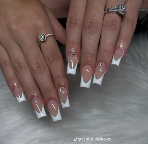 French Tip White Nails With Gems, Square French Tip With Gems, Square Gem Nails, French Tip W Gems, Plain Nails With Gems, White French Tip With Gems, French Nails With Gems, Nails W Gems, White Nails With Gems