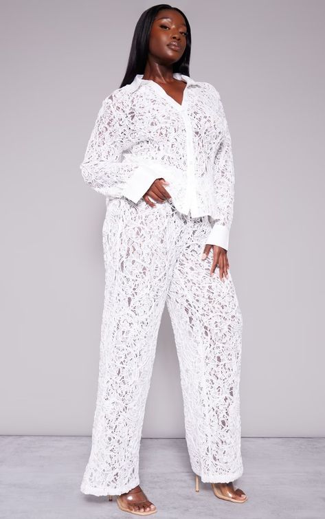 Top And Trousers Outfit Material, Lace Trousers Outfit, Lace Top Outfit Ideas, Female Kaftan, Lace Pants Outfit, Shein Cart, Ankara Corset, Lace Trousers, White Attire