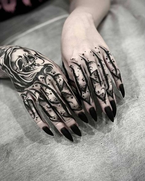 70+ unique and striking finger tattoo designs: symbols, hennas, roses, snakes, dots, lettering, hearts, and wedding rings for couples. Bonus: tattoo meanings. Tattoo Designs Symbols, Gothic Tattoo Ideas, Wedding Rings For Couples, Gotik Tattoo, Gothic Tattoos, Full Hand Tattoo, Feminine Skull Tattoos, Rings For Couples, Feminine Tattoo Sleeves