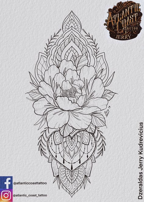 Tattoo idea for girls, by Dzeraldas Jerry Kudrevicius, peony flower with ornamental blackwork. Mandala tattoo idea drawing for thigh, arm, forearm. Atlantic Coast Tattoo Forearm Mandala Tattoo Design, Mandala And Flower Tattoo Design, Lotus Mandala Tattoo Forearm, Peonies Mandala Tattoo, Mandala Flower Tattoos Forearm, Peony Mandala Tattoo, Mandala Shin Tattoo, Mandala Tattoo Flower, Mandala Flower Tattoo Design