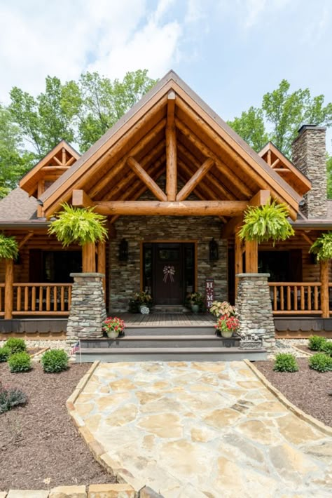 Cabin Front Porch, Log Cabin Porch, Log Cabin Kitchens, Log Homes Exterior, Log Cabin Exterior, Log Home Builders, Modern Log Cabin, Modern Log Cabins, Entry Door Designs