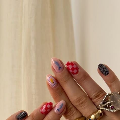 Betsie on Instagram: "welcome to the Italian picnic 🧺 🍋🐟☀️  sardine inspo from @the_gelologist   #nailart #gelnails #gelmani #nailartinspo #fishnails" Sardine Nail Art, Sardine Nails, Dopamine Nails, Italian Nails, Quirky Nails, Picnic Nails, Italian Picnic, Cutesy Nails, Fish Nails