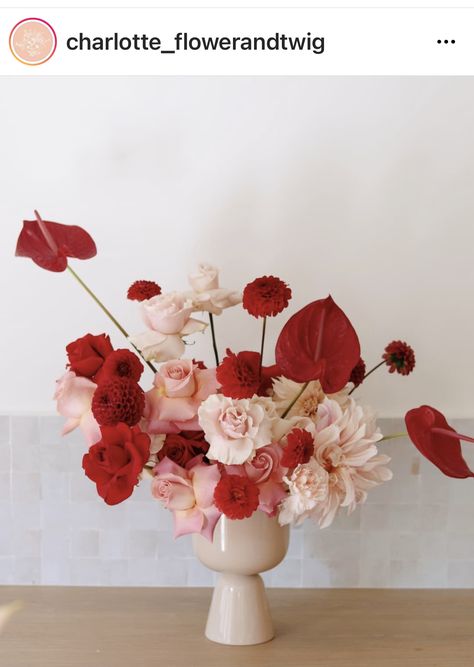 Red Pink Floral Arrangements, Untraditional Wedding Bouquet, Modern Valentines Flowers, Pink Red Flower Arrangement, Valentines Floral Bouquets, Red White And Pink Bouquet, Red Floral Arrangements Modern, Red Anthurium Bouquet, Red Pink White Floral Arrangement