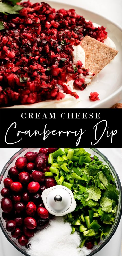 Cranberry Jalapeño Dip is a sweet and spicy flavorful fresh salsa spread over a bed of smooth whipped cream cheese. This is a great appetizer to serve at holiday parties! #holidayappetizer #cranberries #appetizersforparty | GarnishandGlaze.com Cranberry Jalapeno Dip, Jalapeno Dip Recipes, Jalapeno Cream Cheese Dip, Jalapeño Dip, Cranberry Dip, Cranberry Jalapeño, Brunch Party Recipes, Cranberry Salsa, Jalapeno Dip