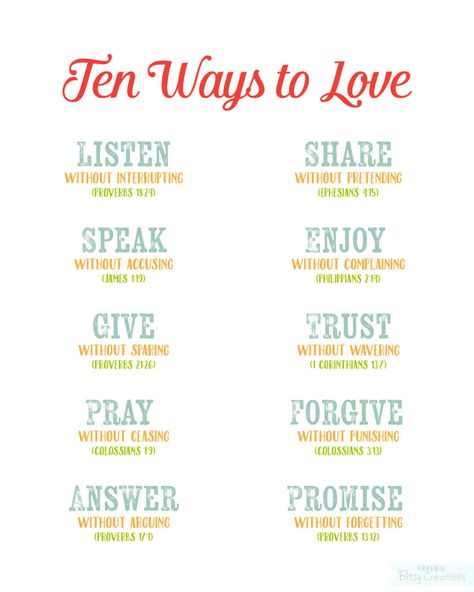 Ten Ways to Love - Free printable from BitsyCreations - Scripture Art - Quote Art - Christian - Bible Verses Ten Ways To Love Bible, What The Bible Says About Love, Bible Lesson On Love For Kids, Do All Things With Love Bible Verse, What Does The Bible Say About Love, Scripture Games, 10 Ways To Love, Verses For Kids, Bible Cards