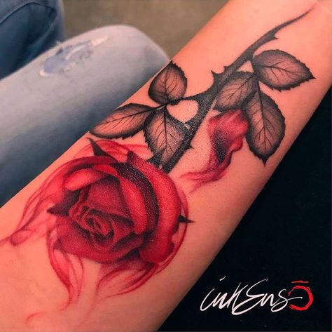 Fire Rose Tattoo, 27 Tattoo, Fire Rose, Rose Tattoo Meaning, Tattoo Red, Rose Tattoos For Women, Red Rose Tattoo, Flame Tattoos, Forarm Tattoos