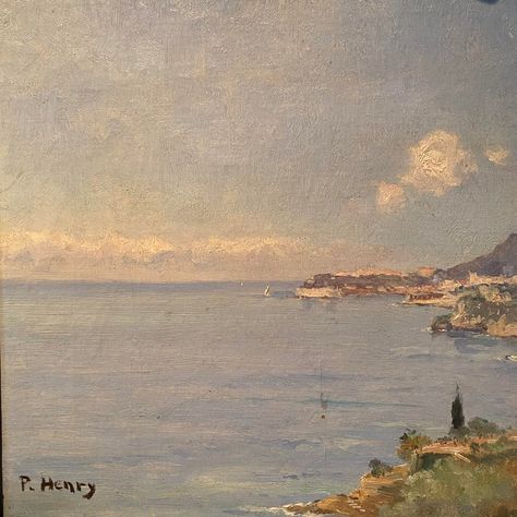 This elegant French impressionist oil painting on mounted canvas is signed by P. Henry and features a seaside composition. The artwork is signed in the bottom left corner. The landscape is a lovely pastel color composition, by the beach, on the French coast. Later lovely carved gold frame. Shipping included in price!  DETAILS Country: France  Condition: Very Good Year: 19th Century Dimensions: H 15.25” x W 22.25” x D 4” French Art Paintings, Oil Painting Frames, Country France, Color Composition, Good Year, Beach Color, By The Beach, Aesthetic Painting, Ethereal Art