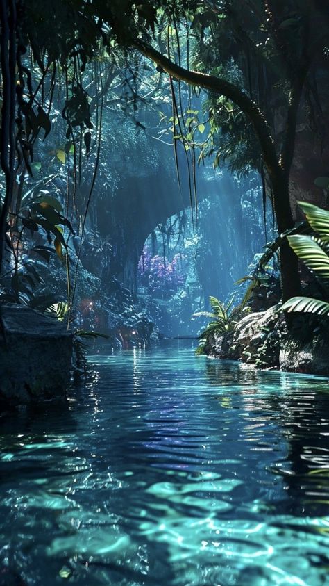 Water And Forest Aesthetic, Forest Ocean Aesthetic, Magical River Aesthetic, Avatar The Way Of Water Landscape, River In Forest Aesthetic, Ocean Forest Aesthetic, Ethereal Water Aesthetic, Magic Island Aesthetic, Sea Fantasy Aesthetic