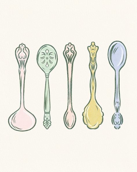 My grandma was an avid tea drinker and had all these cute little & very detailed silver spoons. She would use them for honey or sugar cubes with a side of Scottish shortbread. This illustration made me think of that memory. 🥄 Day 3/30 of cozy “cottage” creations. #30dayproject Artist BTS: I’m a day behind, but picked right back up today! (Which is totally okay because it’s my challenge. I’m just so proud of myself for getting right back at it and giving myself some grace.) Yesterday’s nur... Measuring Cup Illustration, Spoons Drawing, Bridgerton Cookies, Sugar Drawing, Spoon Aesthetic, Spoon Illustration, Sugar Tattoo, Spoon Drawing, Memory Day