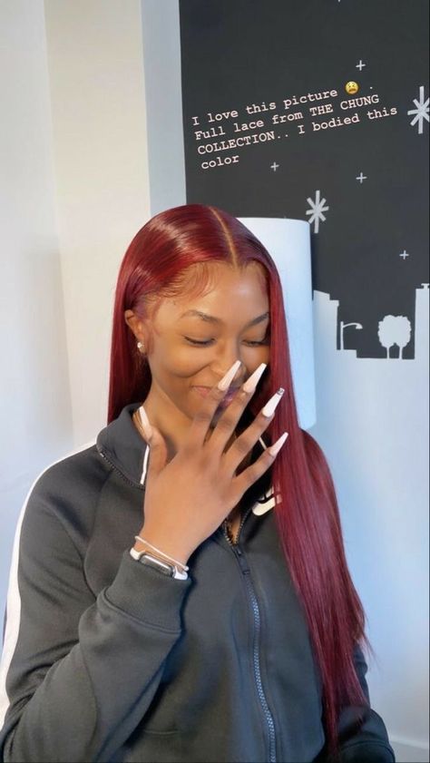 Red Lace Front Wigs Middle Part, Unique Baddie Hairstyles, Middle Part Red Hair, Color Closure Sew In, Burgundy Closure Sew In, Middle Part Tucked Behind Ears, Colored Sew In With Leave Out, Sew In Weave With Closure Color, Red Sew In