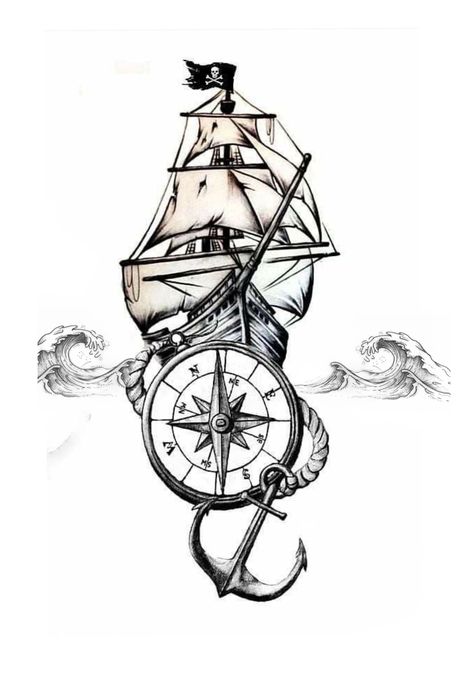 Compass Ink Drawing, Anchor Ship Tattoo, Ship And Compass Tattoo Design, Ship Anchor Drawing, Compass Ship Tattoo, Pirates Ship Tattoo, Pirate Ships Drawings, Pirate Ship Tattoo Stencil, Pirate Ship Art Drawing