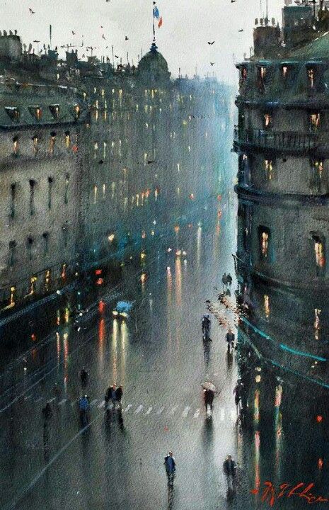 Joseph, you are killing me, dude! - watercolor by Joseph Zbukvic Thomas Schaller, Joseph Zbukvic, Era Victoria, Rainy Evening, Walking In The Rain, 수채화 그림, Watercolor Inspiration, In The Rain, Watercolor Landscape