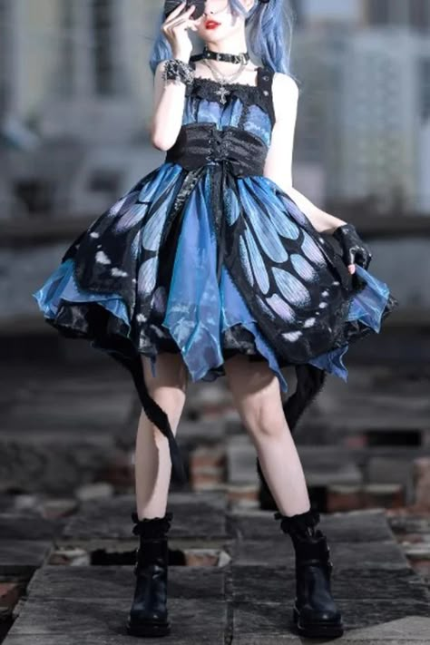 Black/Blue Butterfly Effect Sleeveless Print Bowknot Version Gothic P – LolitaInside Aesthetic Butterfly Outfit, Butterfly Clothes Design, Butterfly Outfit Ideas, Blue Goth Outfits, Butterfly Inspired Fashion, Butterfly Dress Design, Butterfly Style Dress, Black Blue Butterfly, Butterfly Witch