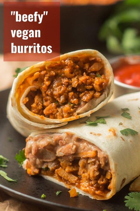 Who needs take out when you can make these scrumptious "beefy" vegan burritos at home! Stuffed with a spicy mixture of refried beans and crumbled seitan ... these babies are packed with flavor and great for meal-prep. #veganburrito #burrito #mexicanfood Vegan Refried Beans, Vegan Burritos, Bean Burrito, Burrito Recipe, Vegan Burrito, Vegan Beef, Bean Recipe, Vegan Mexican Recipes, Recipe Beef