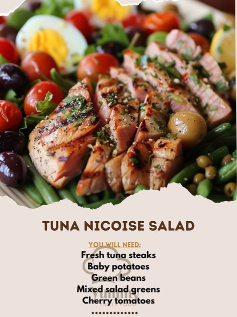 🥗 Embrace a classic with a twist—try our Tuna Nicoise Salad today! 🐟 #HealthyEating Tuna Nicoise Salad Ingredients: Fresh tuna steaks (2 steaks, 6 oz each) Baby potatoes (1 cup) Green beans (1 cup) Mixed salad greens (4 cups) Cherry tomatoes (1/2 cup) Black olives (1/4 cup) Hard-boiled eggs (2, quartered) Olive oil (3 tbsp) Lemon juice (1 tbsp) Instructions: Boil potatoes until tender, blanch green beans. Grill tuna to your liking, slice thinly. Arrange greens, potatoes, beans, tomatoes, ... Tuna Nicoise Salad, Blanching Green Beans, Grilled Tuna, Fresh Tuna, Nicoise Salad, Tuna Steaks, Green Cherries, Baby Potatoes, Boiled Potatoes