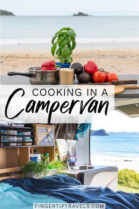 The complete guide to cooking in a campervan in New Zealand! A list of essential campervan foods and spices, campervan cooking tips, and nine of my favorite campervan recipes! #campervan #vanlife #camping Campervan Recipes, Campervan Cooking, Campervan Storage Ideas, Campervan Storage, New Zealand Campervan, Best Campervan, Tips For Cooking, Luxury Camping, Camping Checklist