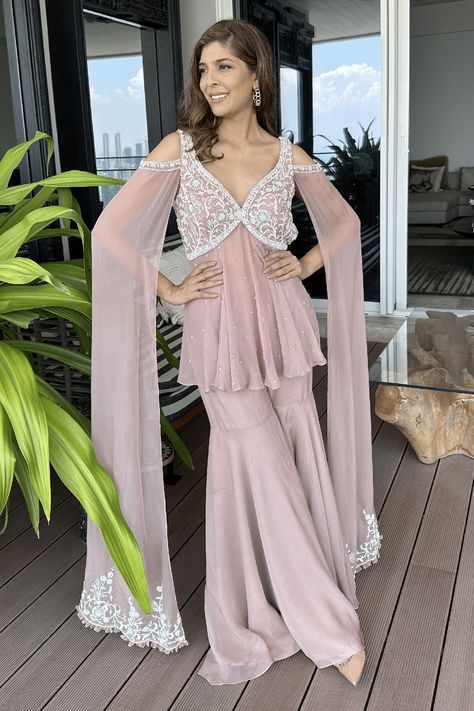 Shop for Seema Thukral Pink Peplum- Georgette Draped Sleeve Embroidered Peplum Top With Gharara for Women Online at Aza Fashions Rakhi Outfits For Women 2023, Rakhi Dress For Women, Rakhi Outfit Ideas 2023, Seema Thukral, Organza Gharara, Lehenga Outfit, Neha Singh, Anita Hassanandani, Leaf Sleeve