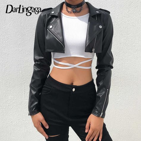 Cropped Jacket Outfit, Faux Leather Jacket Women, Cropped Biker Jacket, Crop Top Jacket, Leather Crop Top, Cropped Leather Jacket, Looks Black, Leather Jacket Black, Trend Fashion