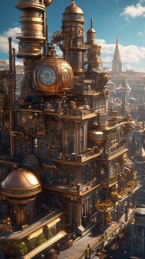 Steam Punk Architecture, Medieval Steampunk City, Steampunk Castle, Ville Steampunk, Steampunk Building, Steampunk Architecture, Steampunk Illustration, Steampunk City, San Myshuno