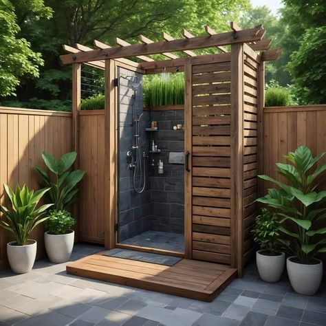 Outside Bathroom Ideas Backyards, Outdoor Shower Ideas, Outside Showers, Outdoor Shower Enclosure, Outdoor Shower Diy, Outdoor Bathroom Design, Outdoor Toilet, Outdoor Showers, Outdoor Baths