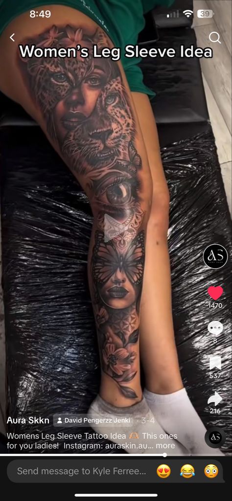 Half Body Sleeve Tattoo, Black Woman Leg Sleeve Tattoo, Leg Sleeves For Black Females, Woman’s Leg Sleeve, Leg Sleeves For Females Black, Knee Sleeve Tattoo, Inner Sleeve Tattoos For Women, Color Leg Sleeve, Wild Tattoos For Women