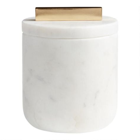 White Marble Canister With Lid | World Market White Marble Bathroom, Coastal Office, Q Tip Holder, Marble Bathroom Accessories, Bathroom Canisters, Bathroom Containers, White Marble Bathrooms, Marble Bath, Office Inspo