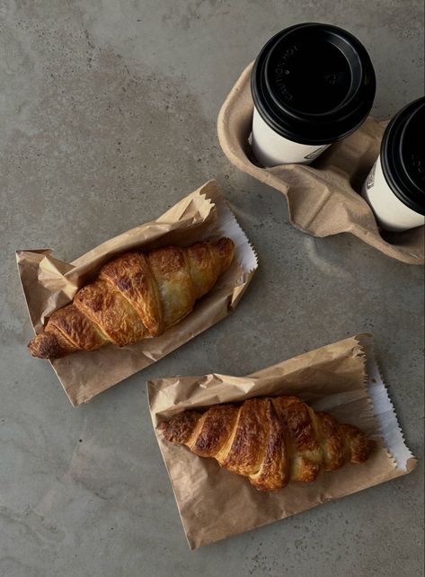 Croissants, coffee, aesthetic chill vibe Coffee And Croissants Aesthetic, Morning Coffee Aesthetic, Croissant Aesthetic, Aesthetic Chill, Jelly Doughnuts, Bakery Foods, Black And White Photo Wall, Food Aesthetics, Coffee To Go