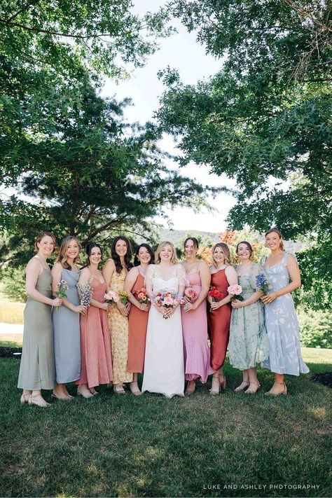 Looking for multi colored bridesmaid dresses for wedding inspiration? A+P's colorful summer wedding has all of the colorful wedding inspo you could need. Check it out on the blog now! Multi Colored Bridesmaid Dresses, Bridesmaid Dresses Colorful, Lawn Party Wedding, Colored Bridesmaid Dresses, Casual Bridesmaid, Colorful Summer Wedding, Wedding Ceremony Decorations Outdoor, Summer Wedding Decorations, Summer Wedding Colors