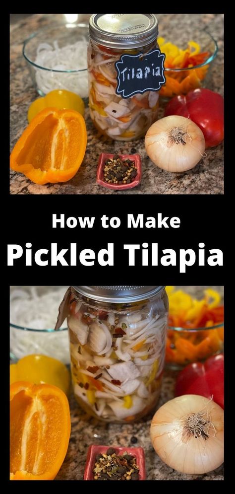 Jars of pickled tilapia surrounded by its ingredients: white onion, pickling spice, and different colored bell peppers. Pickled Seafood Recipe, Pickled Seafood, Pickled Fish Recipe, Pickled Meat, Tripe Recipes, Pickled Things, Pickled Fish, Pickled Herring, Pickled Eggs Recipe