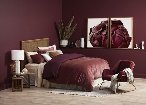 Invite romance into your bedroom with deep wine hues, by pairing these alluring tones in botanical prints, velvets and sheepskins. Wine Red Bedroom Ideas, Berry Bedroom, Maroon Bedroom, Burgundy Bedroom Ideas, Moody Master, Burgundy Bedroom, Side Table Set, Bedroom Red, Queen Size Quilt