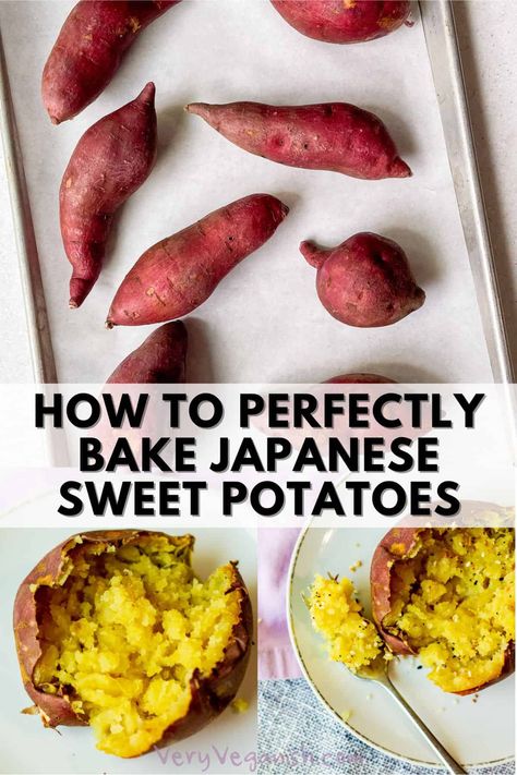 How to perfectly bake Murasaki sweet potatoes with white flesh and red/purple skins, which are also known as Japanese sweet potatoes, Korean yams, Satsumaimo and red kūmara. Nutty, mildly sweet and creamy, these sweet potatoes are absolutely delicious! Murasaki Sweet Potato Recipe, Japanese Purple Sweet Potato, Sweet Potatoes In The Oven, Red Sweet Potato, Japanese Yam, Japanese Sweet Potatoes, Potatoes In The Oven, Sweet Potato Oven, Japanese Potato