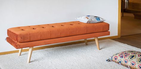 1960s-style Elmas velvet bench at Pib Rust Colored Bedroom Bench Bed, Vintage Bench Seat, Green Velvet Bench Seat, Orange Bench, Yellow Bench, Random Vintage, Velvet Bench, 1960s Style, Retro Interior Design