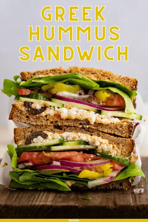 Greek Hummus Sandwich Hummus Sandwich Ideas, Hummus Sandwich Recipes, Greek Hummus, Mediterranean Sandwich, Greek Sandwich, Work Lunch Recipes, Hummus Sandwich, Sandwich Wraps Recipes, Beach Snacks