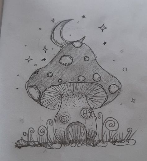 How To Draw A Mushroom House, Mashrooms Drawing Aesthetic, Aesthetic Mushroom Drawing, Cute Mushroom House Drawing, Mushroom House Sketch, How To Draw A Mushroom, Mushroom Drawing Aesthetic, Cool Mushroom Drawing, Cute Lil Drawings