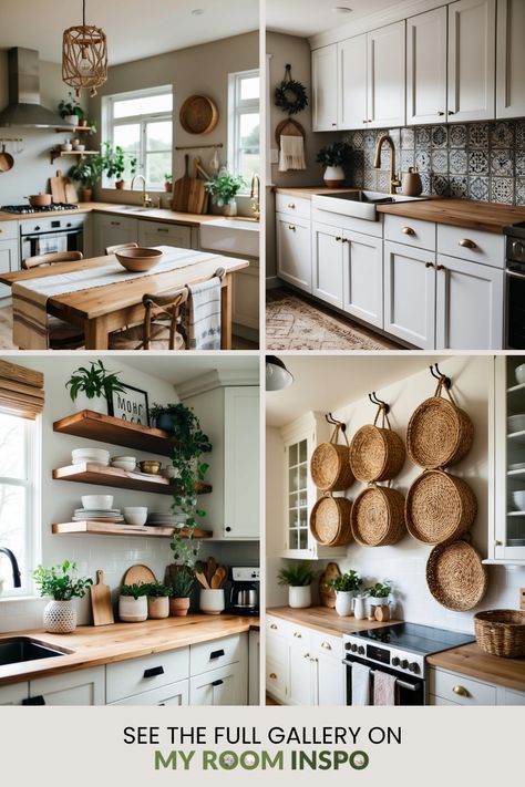 Explore 4 images showcasing 34 Scandi boho kitchen styles that merge spacious minimalism with warm accents. Discover how to rejuvenate your culinary space with this serene approach to kitchen decor. Modern Boho Kitchen Decor Ideas, Scandi Boho Kitchen, Modern Boho Kitchen Decor, Modern Boho Kitchen, Boho Kitchen Ideas, Cozy Scandinavian, Cozy Bohemian, Boho Kitchen Decor, Kitchen Styles