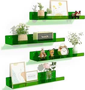 15" Floating Bookshelves for Kids, Display Shelf Organizer for Bathroom, Bedroom, Living Room, Kitchen, Room Decor, Clear Green -Multipe Colors Book Wall Decor, Bookshelves For Kids, Kitchen Room Decor, Invisible Shelves, Acrylic Wall Shelf, Acrylic Shelves, Organizer For Bathroom, Floating Bookshelf, Shelves For Wall