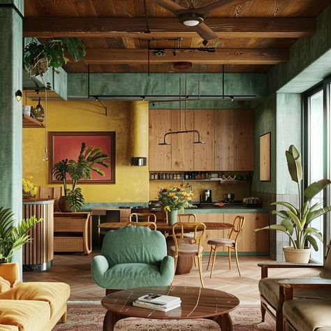 Midcentury for the 2020s #mcm #vintagedecor #2024trends Seventies Interior Design, 70s Interior Design Mid Century Modern, 70s Interior Design Retro, Nature Inspired Living Room, Mcm Living Room, 70s Interior Design, Midcentury Interior, Boho Ideas, 70s Interior