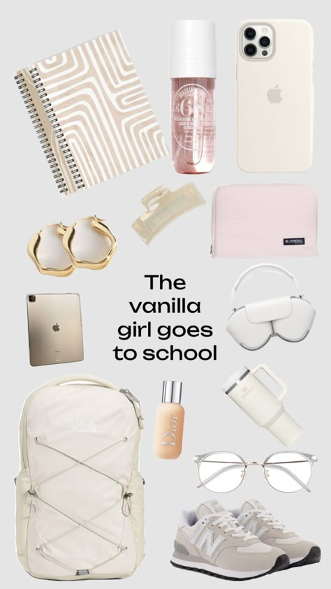 Vanilla girl goes to school 🤍🧸🌙 #outfitinspo #school #backpack #aesthetic School Bag Organization, High School Prep, Backpack Aesthetic, School Backpack Essentials, Preppy School Supplies, Girl School Supplies, School Bag Essentials, Backpack Essentials, Travel Bag Essentials