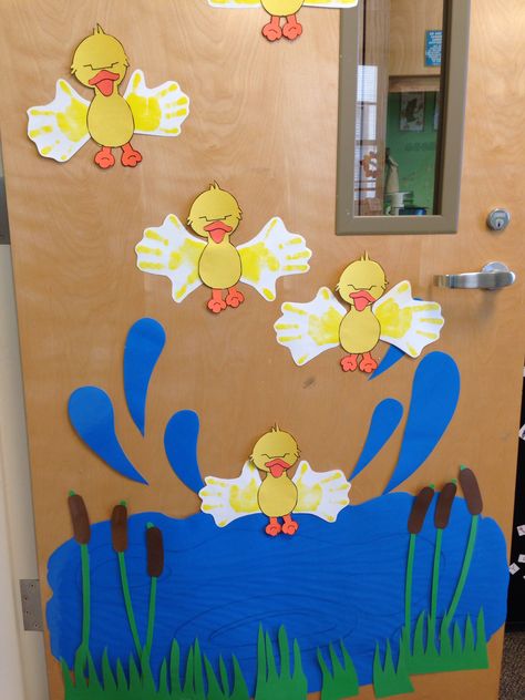 Duck Classroom Door Ideas, Duck Door Decorations Classroom, April Preschool Door Ideas, Spring Themed Bulletin Boards Preschool, Duck Classroom Decor, Spring Time Door Decorations Classroom, Duck Themed Classroom, Spring Doors For Classroom, Spring Door Decorations Classroom Easy