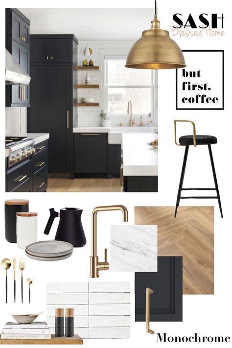 Kitchen Mood Board Black Cabinets, Mood Board For Kitchen Interior, Black Kitchen Mood Board, Touch Up Kitchen Cabinets, Moody Scandinavian Kitchen, Modern Traditional Flooring, Black And White Kitchen Mood Board, Moodboard For Kitchen, Kitchen Remodel Vision Board