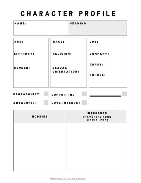 Get to know your characters. Stuck with your plot? Let your characters drive the plot when you're feeling stuck. Write that book/novel. #Nanowrimo #Writers #Printable #Characters #Writing Getting To Know Your Character, Novel Planning Notebook, Novel Character Profile, Detailed Character Profile Template, Plot Planner, Printable Characters, Word Count Tracker, Character Profile Template, Novel Planning