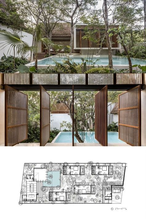 Situated in Tulum, this small boutique hotel rises between the trees, in which the main concept consisted of preserving 70% of the existing vegetation in order to build around it. By achieving this, every space of the project is always in relation to its natural surroundings. Boutique Hotel Design Architecture, Small Boutique Hotel, Hotel Design Architecture, Boutique Hotels Design, Indoor Outdoor Bathroom, Small Boutique Hotels, Hotel Plan, Best Boutique Hotels, Hotel Architecture