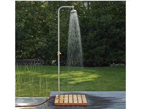 Stainless Steel Garden Shower: Gardenista                                                                                                                                                                                 More Outdoor Solar Shower, Outdoor Shower Ideas, Outside Showers, Outdoor Shower Diy, Solar Shower, Pool Shower, Larch Wood, Outdoor Showers, Australian Garden