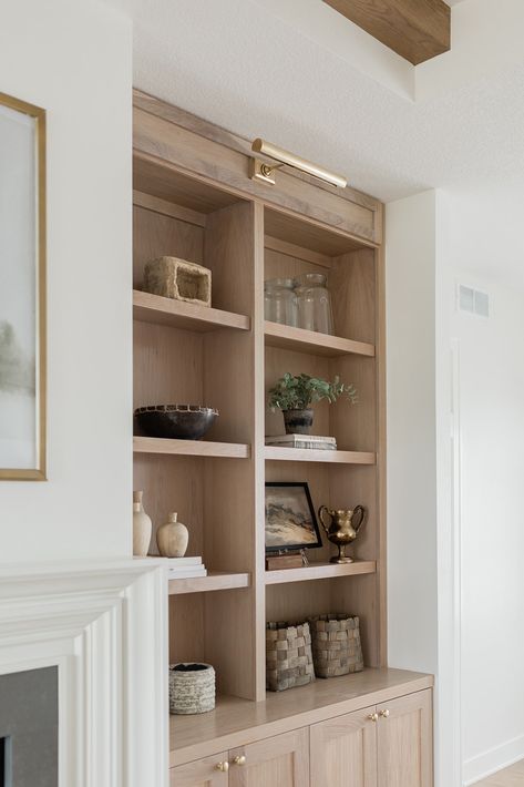 Built In Sconces, White Birch Built Ins, Mcgee Built In, One Sided Built Ins, White Oak Bookshelves, Family Room Cabinets Ideas, Living Room Built In Styling, Birch Interior Design, Built Ins One Side Of Fireplace