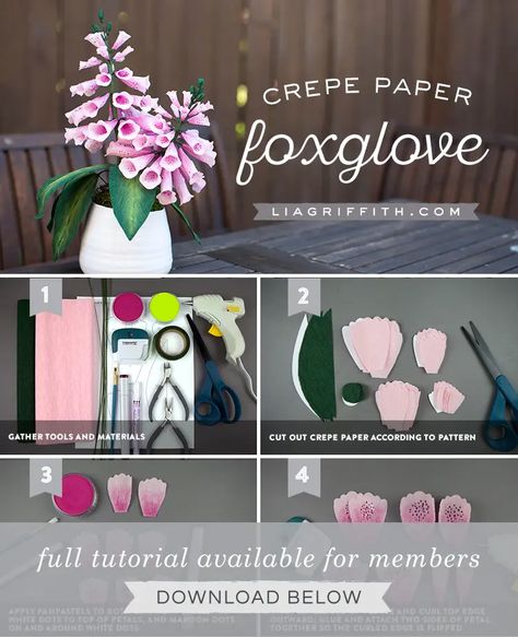 Crepe Paper Foxglove Flower Template & Tutorial - Lia Griffith Diy Tissue Paper Flowers, Tissue Paper Flowers Easy, Foxglove Flower, Foxglove Flowers, Paper Flowers Easy, Sheet Flowers, Tissue Paper Flowers Diy, Crafts Origami, Paper Flower Art