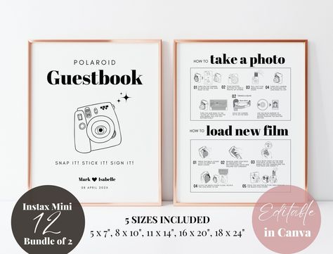 "This amazing Bundle of 2 Instax Mini 12 Sign Bundle is your quick and beautiful sign bundle for your Polaroid Camera guestbook station!  It is an instant digital download that includes 2 signs, each in 5 different sizes for you to choose from to print out.  Signs include a Polaroid Guestbook Sign and an Instax Mini 12 Instructions Sign that explains how to take a photo for others, how to take a selfie, and how to load new film into the Instax Mini 12.  It is a must-have lifesaver at your wedding or party reception photo booth to guide your guests on how to use the photo guestbook and the Instax Mini 12 Polaroid Camera.   No more waiting for a designer as all files are an instant download.  Print your sign from home or take it to your local print shop for a professional printout.  Dress yo Instax Mini 12, Polaroid Guest Book, Table Top Frame, Party Reception, Instax Camera, Orchard Wedding, Photo Guest Book, Polaroid Camera, Copy Print