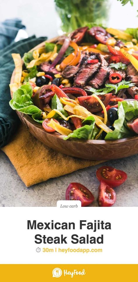 Mexican Fajita Steak Salad  Mexican Steak Fajita Salad ~ a main course salad with tender steak, seared peppers and onions, homamde fajita seasoning, and homemade tortilla strips!   #lowcarbfood #lowcarbliving #lowcarbuk #lowcarbeating #lowcarbday #lowcarbrezepte #lowcarbyum #lowcarbstyle  Recipe credit: The View From the Great Island Steak Fajita Salad, Homemade Tortilla Strips, Steak Salads, Fajita Steak, Main Course Salad, Mexican Fajitas, Mexican Steak, Salad Steak, Fajita Salad