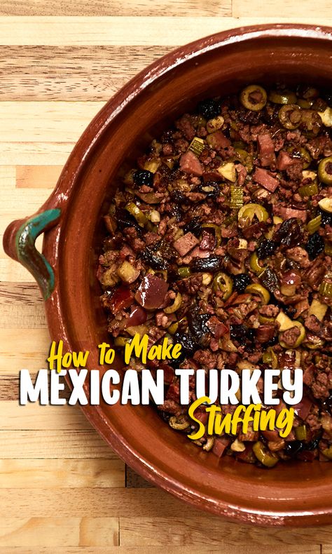 Relleno de Pavo de Carne Molida Thanksgiving and Christmas mean turkey. And, turkey needs stuffing. This recipe for Mexican Style turkey stuffing comes from my wife’s family which is originally from Tamaulipas a state in Northeast Mexico. #recipe #christmas #stuffing #stuffingrecipe #mexican #mexicanfoodrecipes #mexicanrecipes Turkey Stuffing Recipe, Stuffing Easy, Stovetop Stuffing, Mexican Turkey, Christmas Stuffing, Turkey Stuffing Recipes, Thanksgiving Stuffing Recipes, Stuffing Recipes For Thanksgiving, Beef And Pork