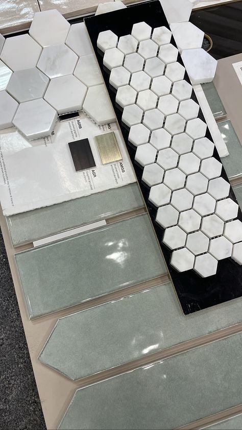 Love this fun tile combo- marble hex, sage green, gold finishes Pool Powder Room Ideas, Sage Green And Gold Bathroom Ideas, Sage Green Herringbone Tile Bathroom, Sage Green Bathroom Mood Board, Sage Bathroom Tile, Light Green Shower Tile, Green Tile Powder Room, Sage Green Shower Tile, Sage Green Tile Bathroom